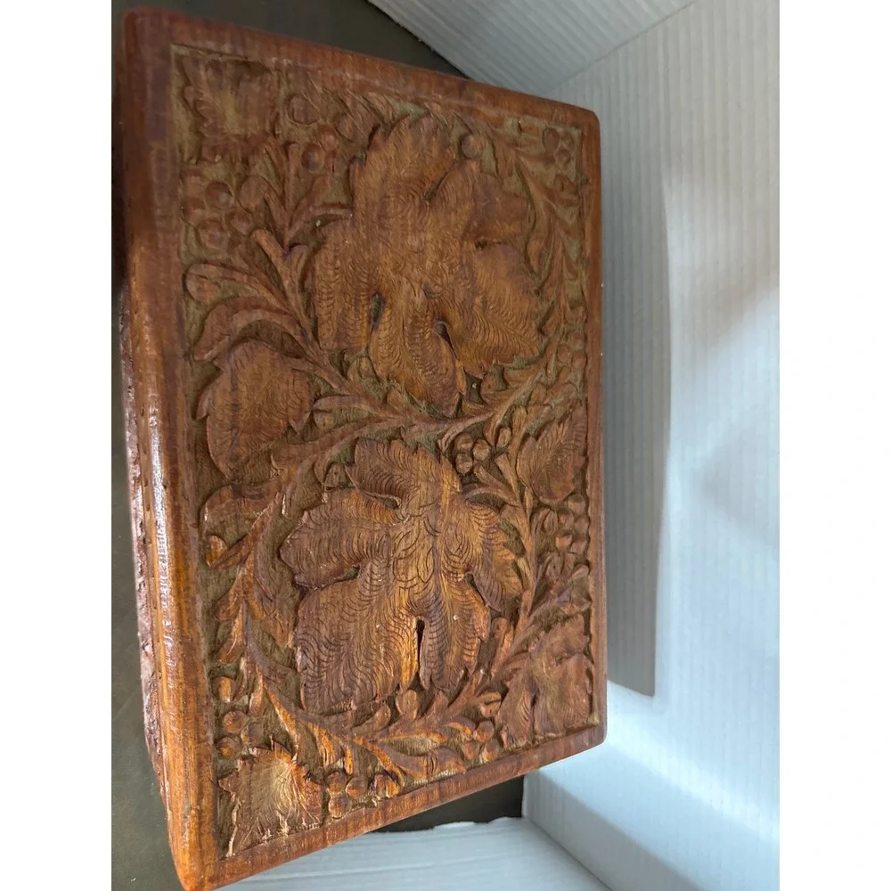 Vintage Hand Carved Floral Wooden Jewelry Keepsake Box Red Velvet Made in India
